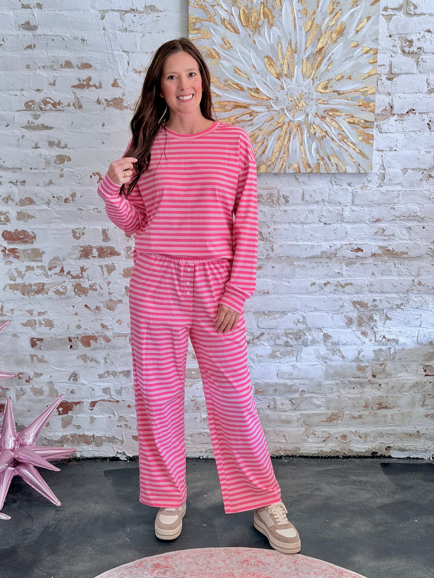 Stripe Top and Buttoned Straight Pants Set