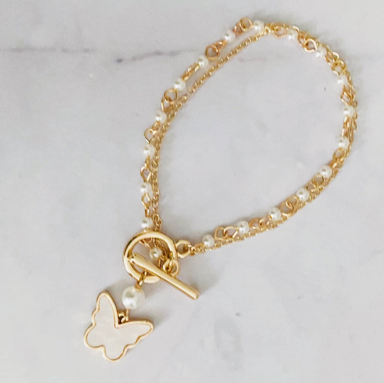 Layered Pearl Chain Butterfly Bracelet