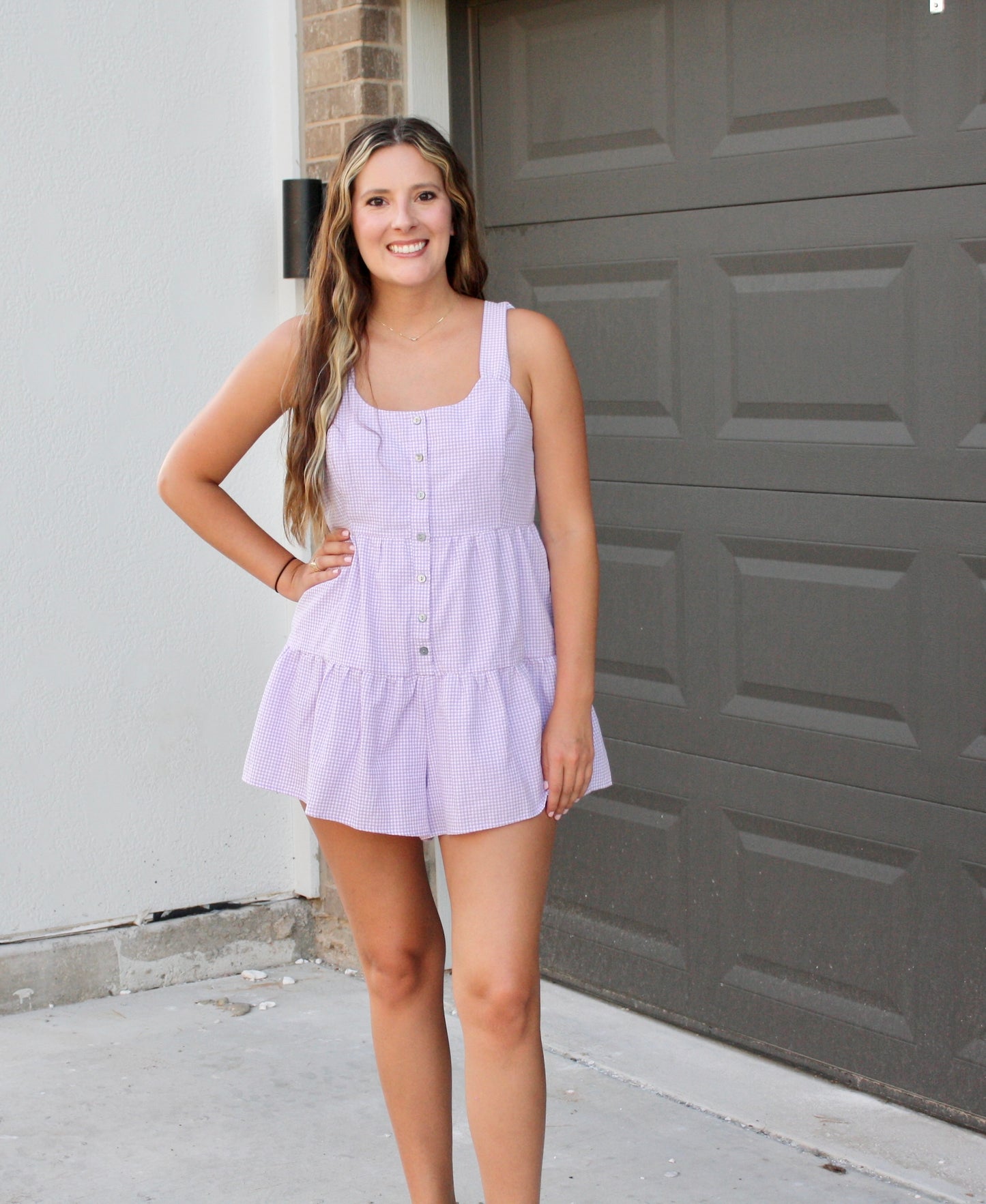 Woven Checkered Tiered Romper