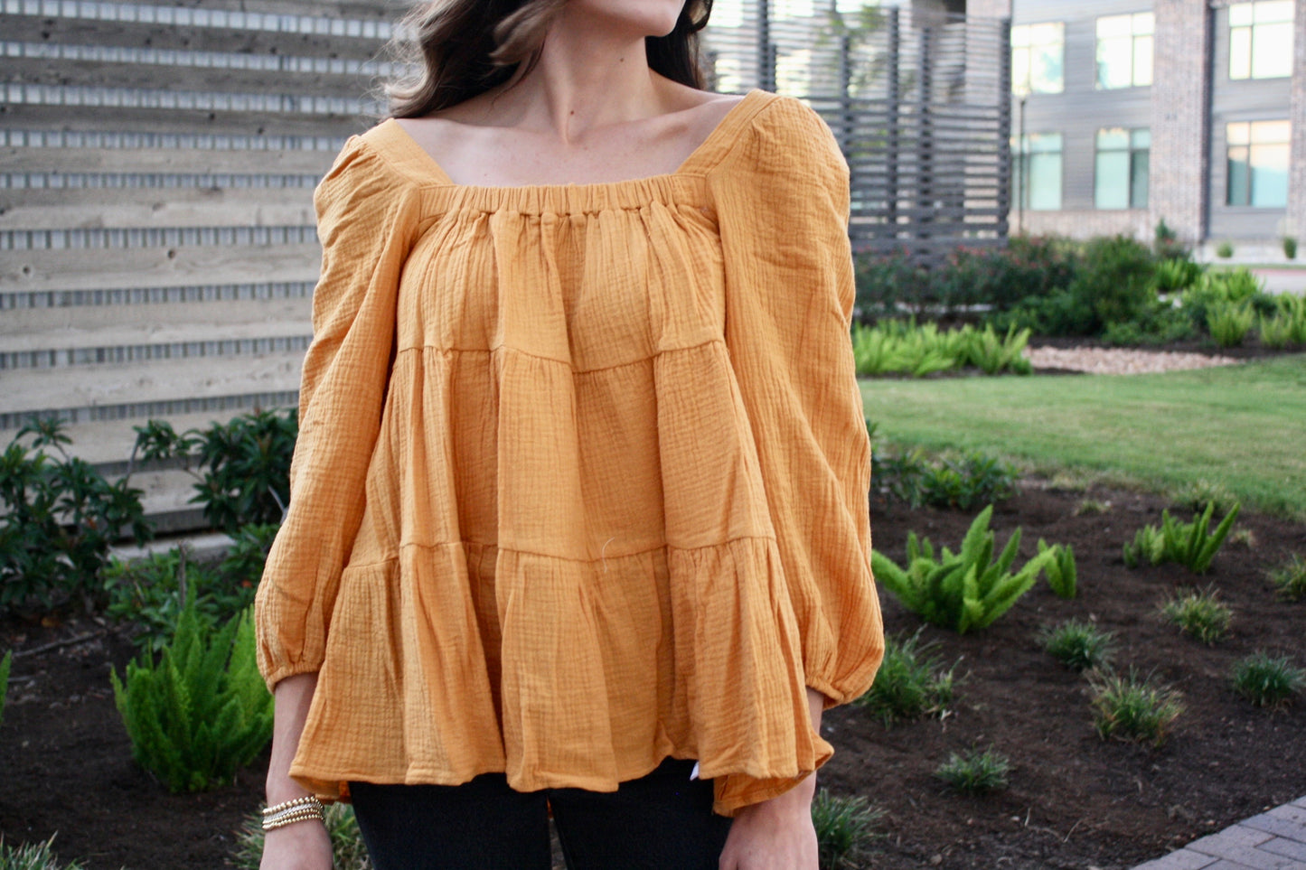 Mustard Tiered Gauze Top
