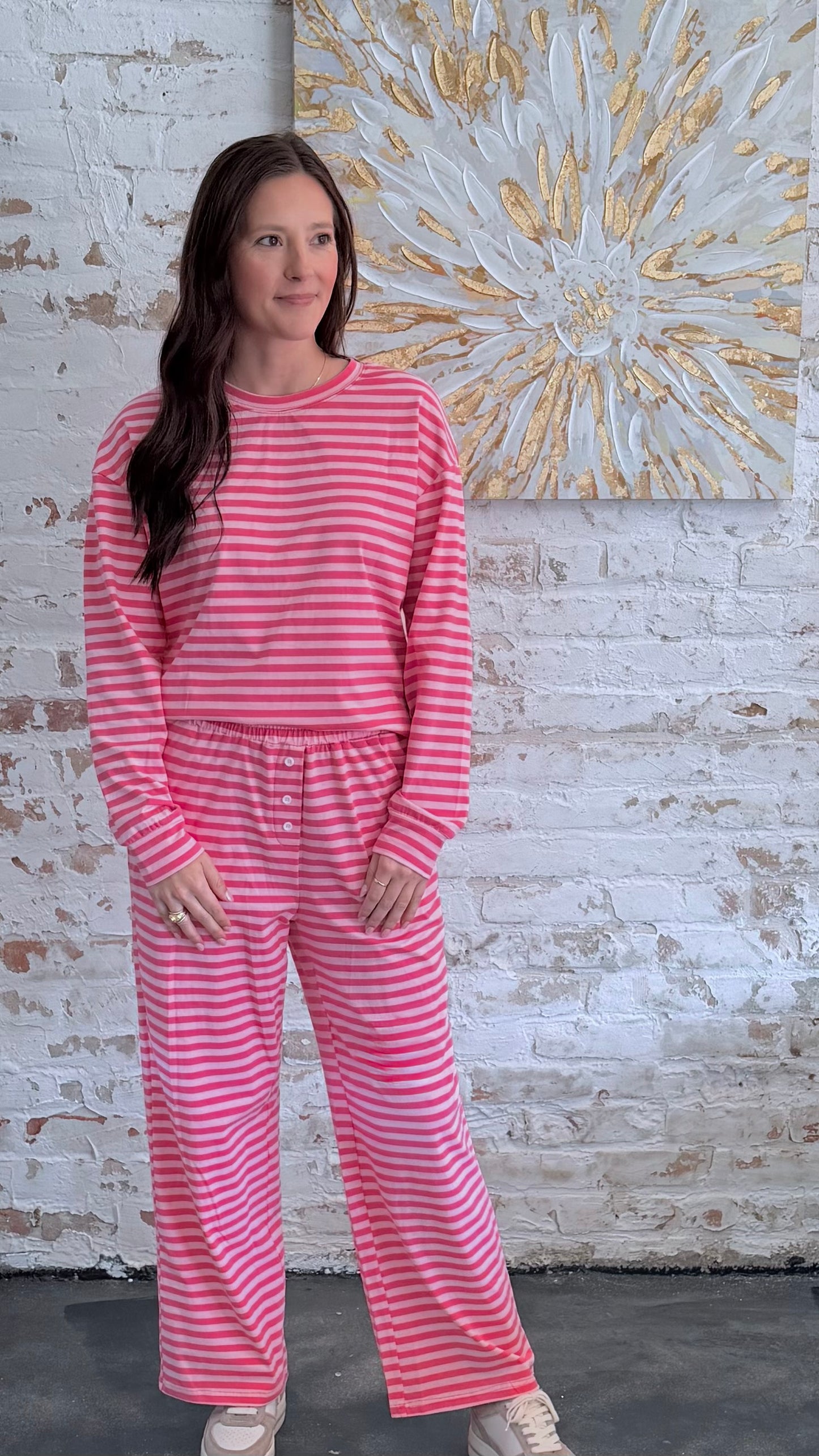 Stripe Top and Buttoned Straight Pants Set