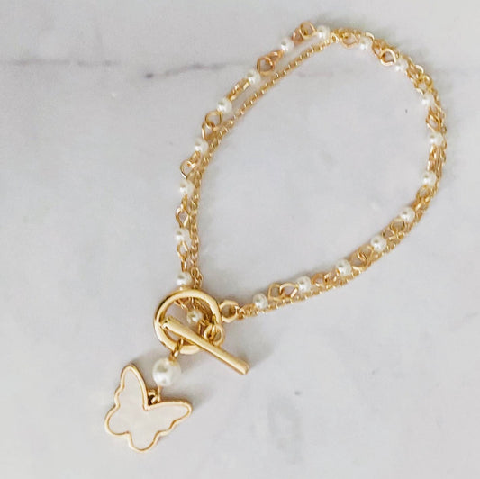 Layered Pearl Chain Butterfly Bracelet