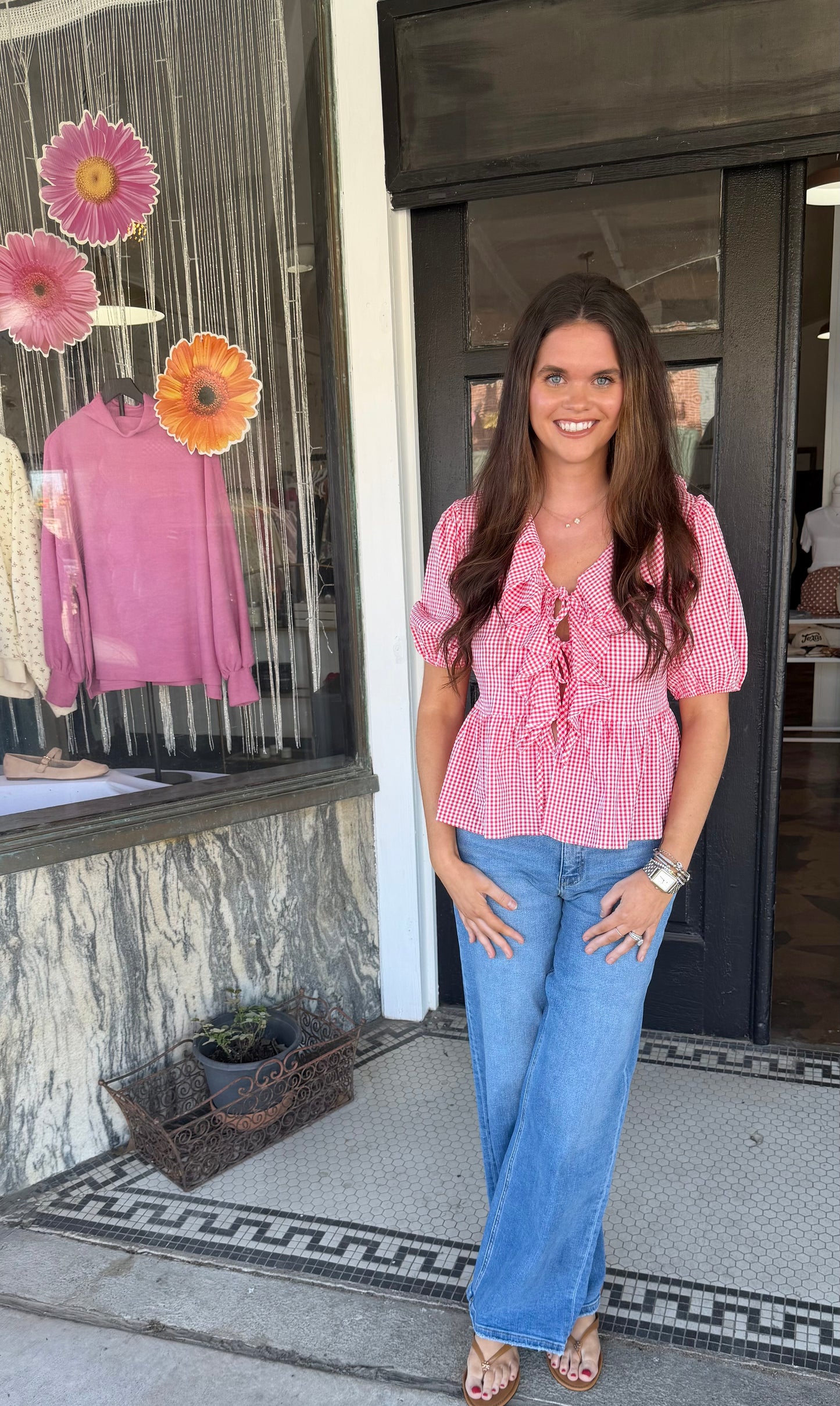 Woven Gingham Ruffle Top