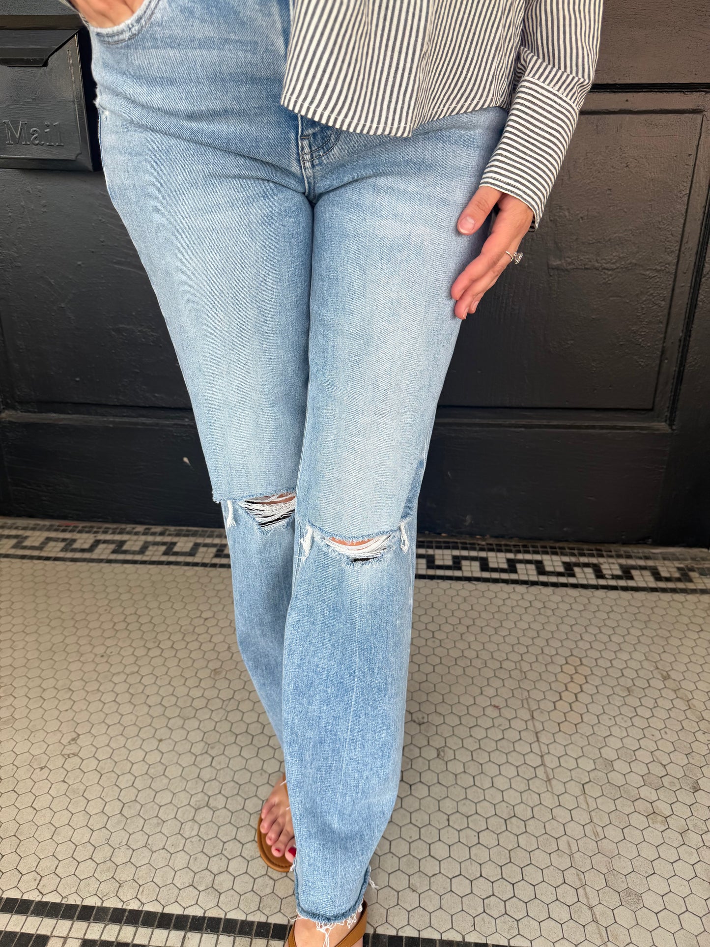 High Rise Distressed Slim Wide Jeans
