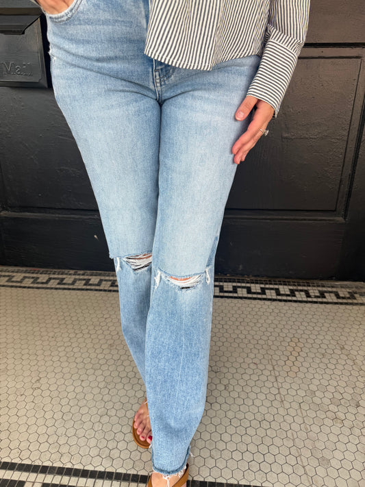 High Rise Distressed Slim Wide Jeans