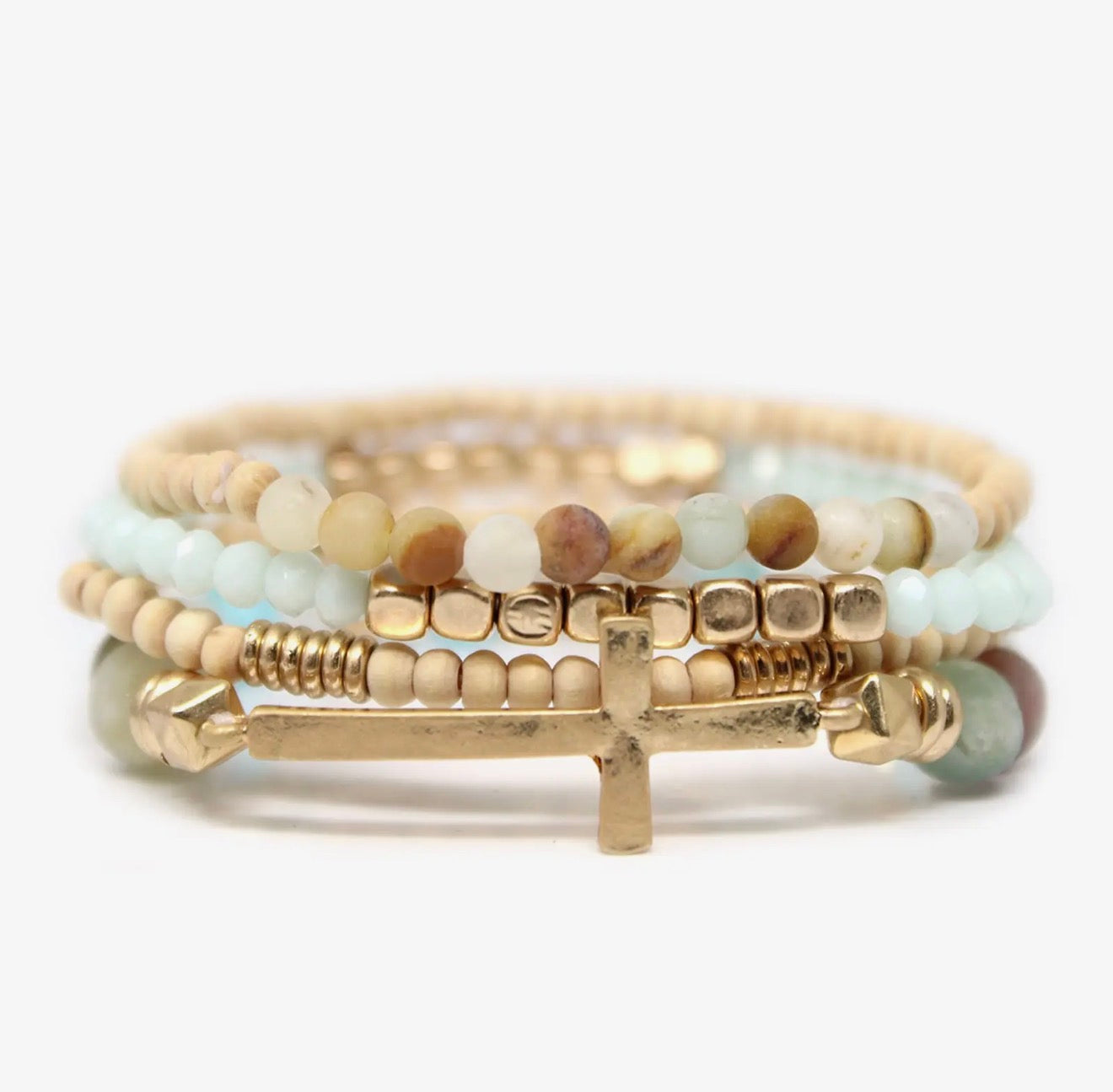 Set of 4, Stone and Wooded Beads Bracelet