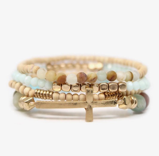 Set of 4, Stone and Wooded Beads Bracelet