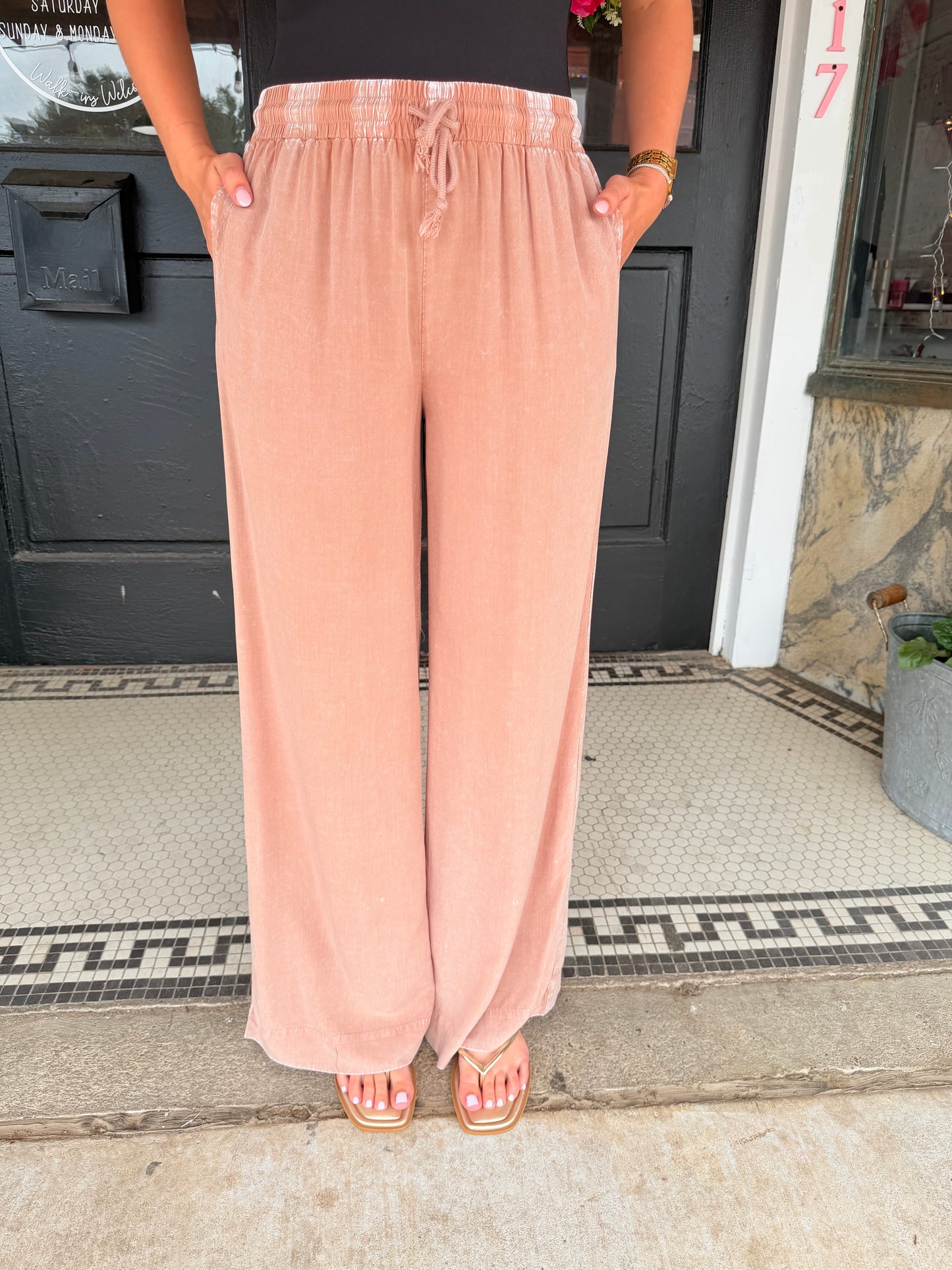 Mineral Wash Drawstring Wide Leg Pants