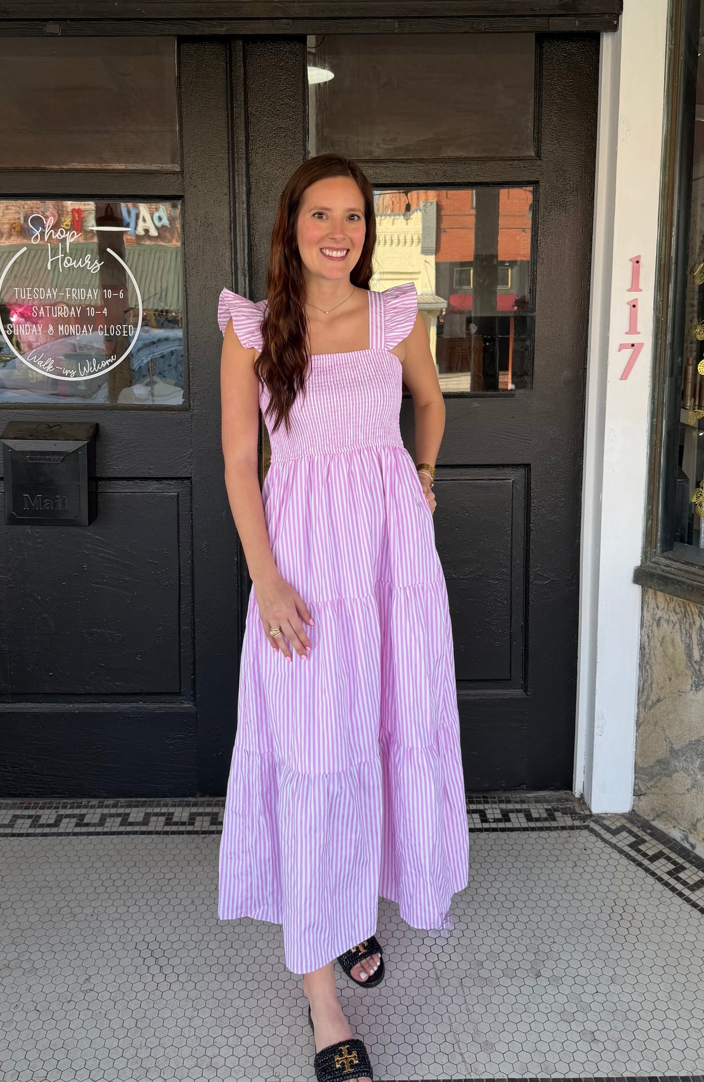 Ruffled Sleeve Stripe Smocked Maxi Dress