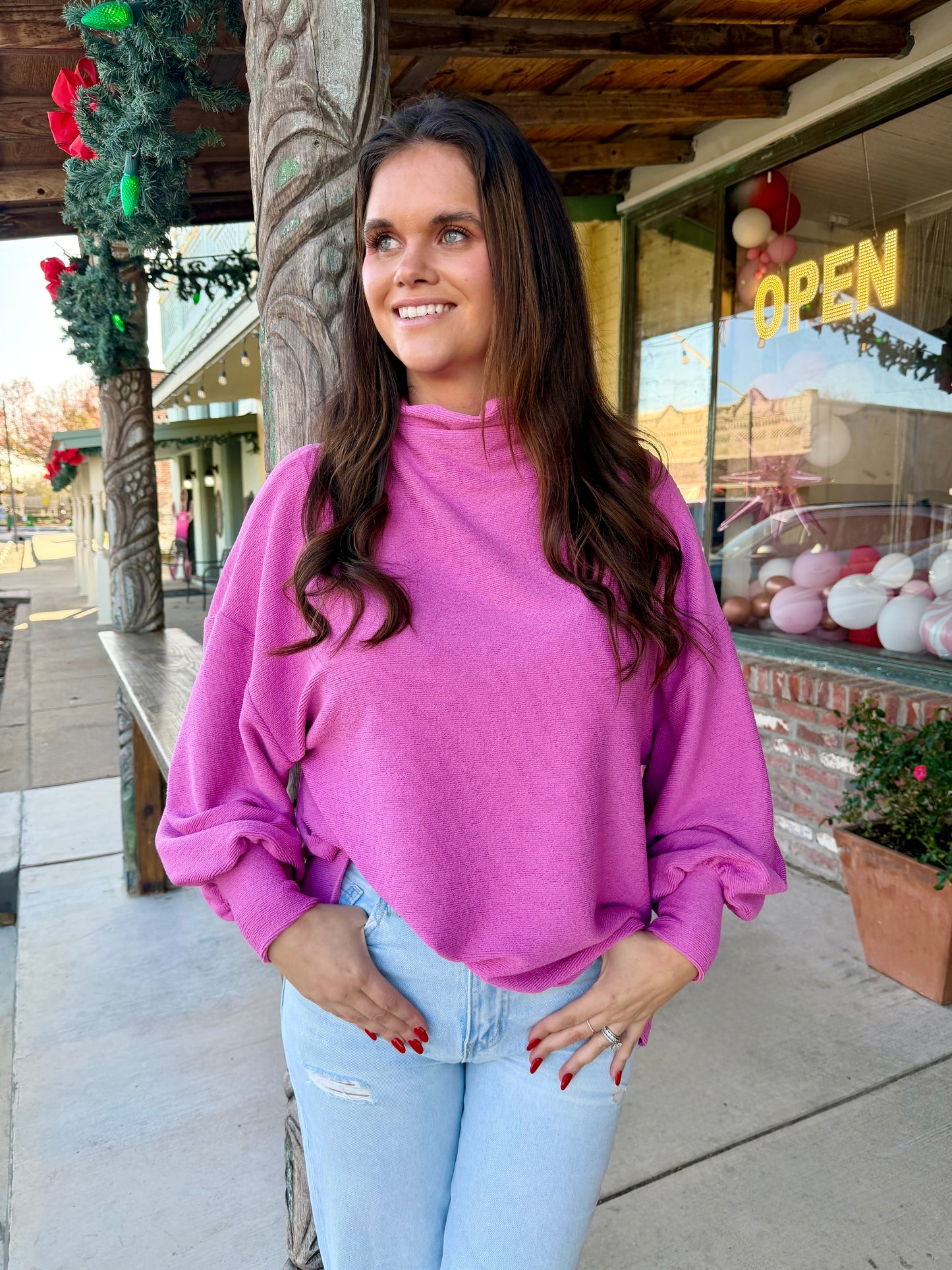 Mock Neck Balloon Sleeve Top