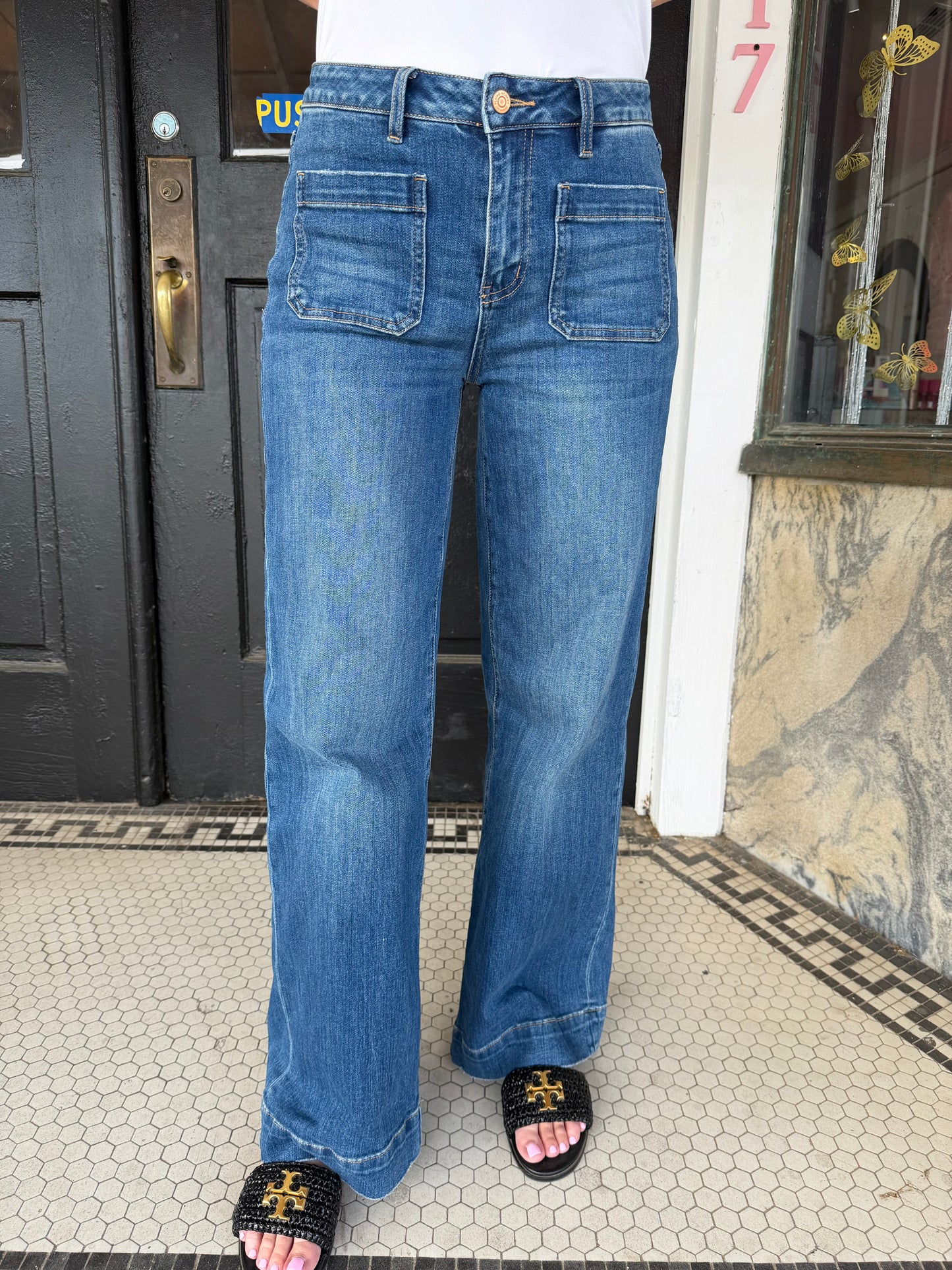 High Rise Patch Pocket Wide Jeans