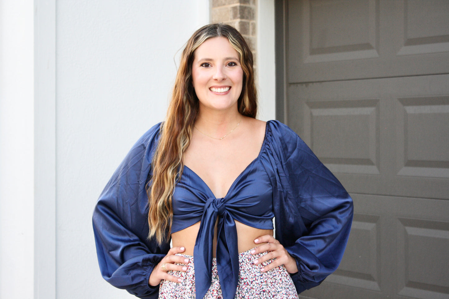 Long Sleeve Front Tied Satin Top