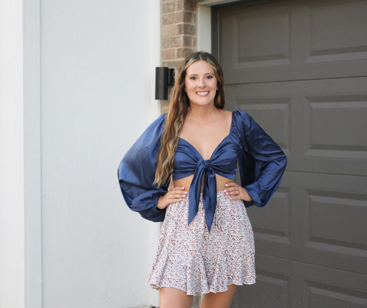 Long Sleeve Front Tied Satin Top