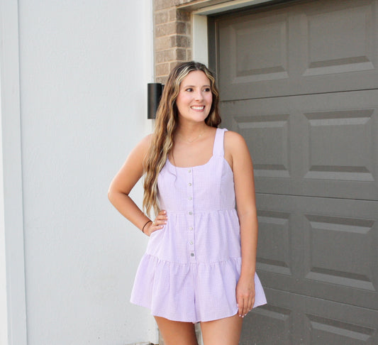 Woven Checkered Tiered Romper