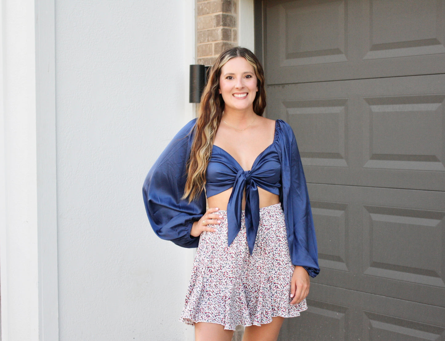 Long Sleeve Front Tied Satin Top
