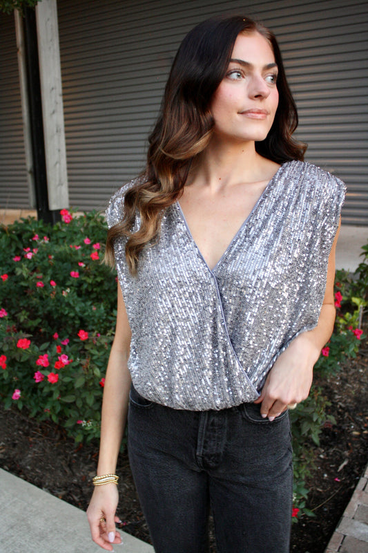 Padded Shoulder Sequin Bodysuit