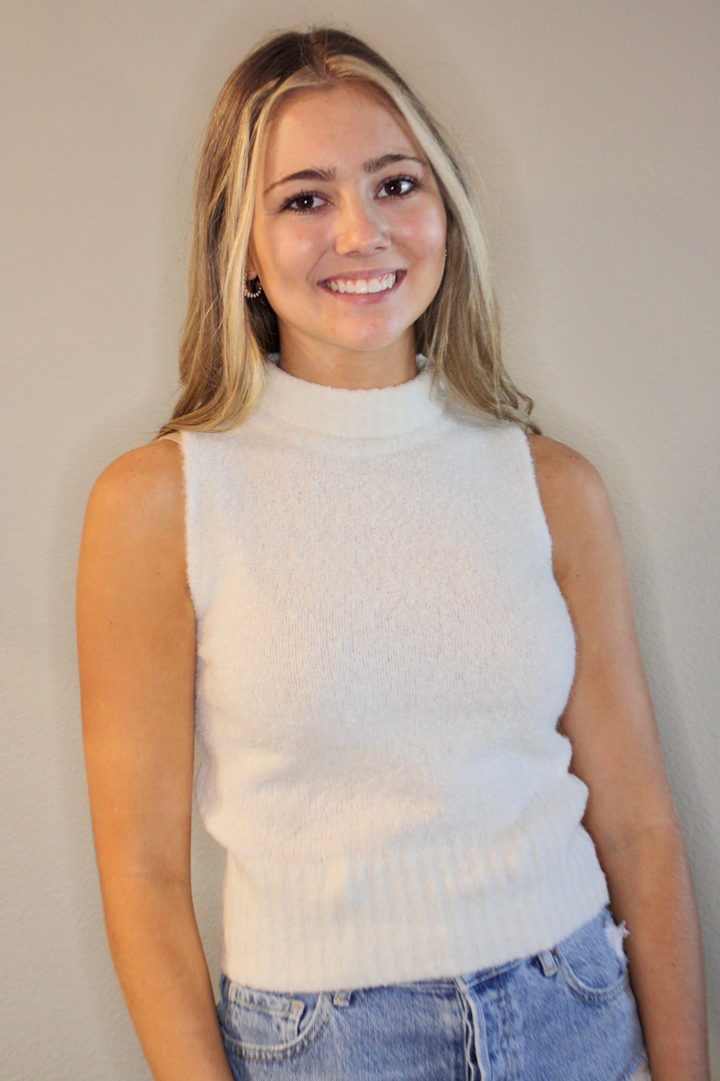 Sleeveless Mock Neck Knit Sweater Top