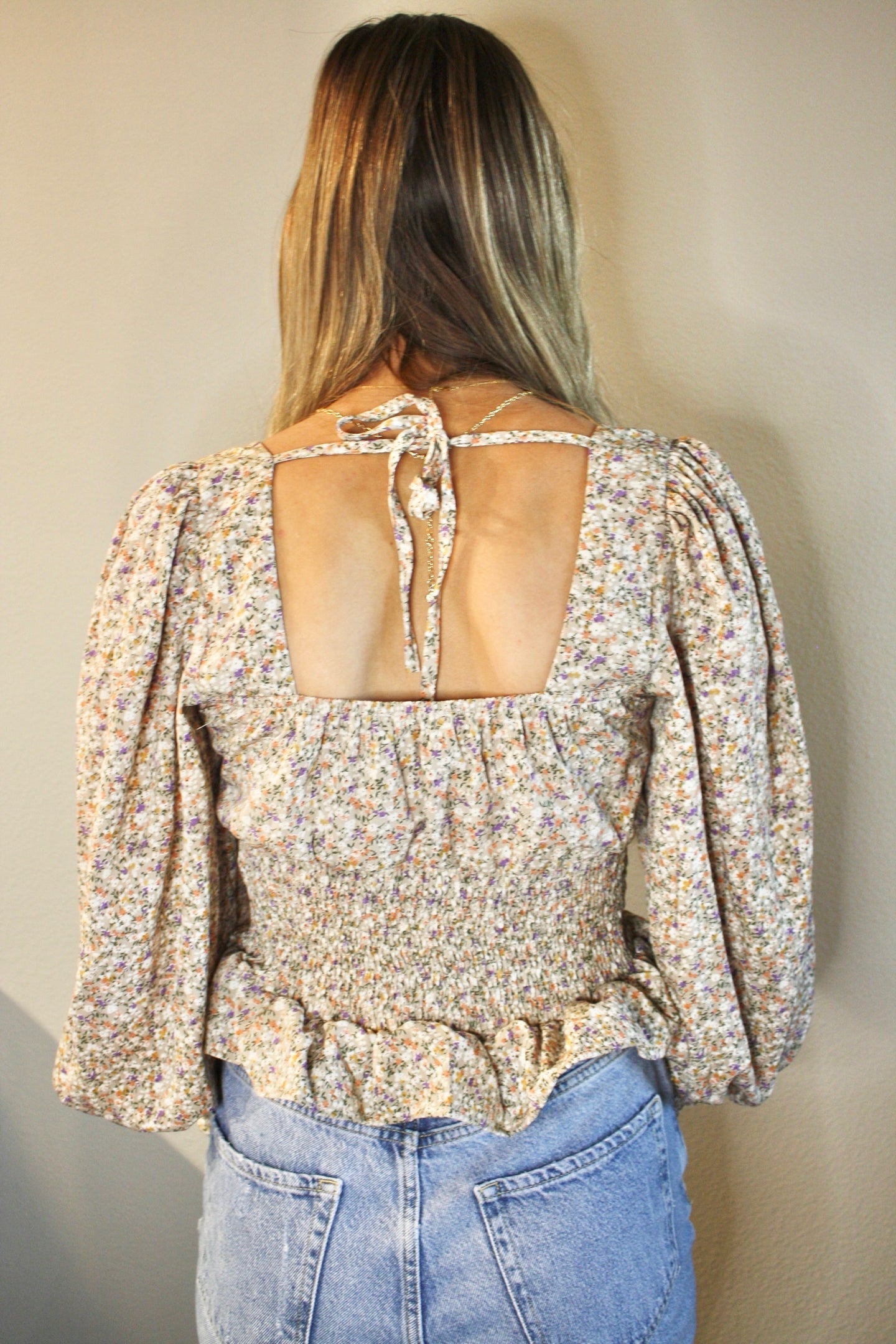 Woven Print Smocked Long Sleeve Blouse