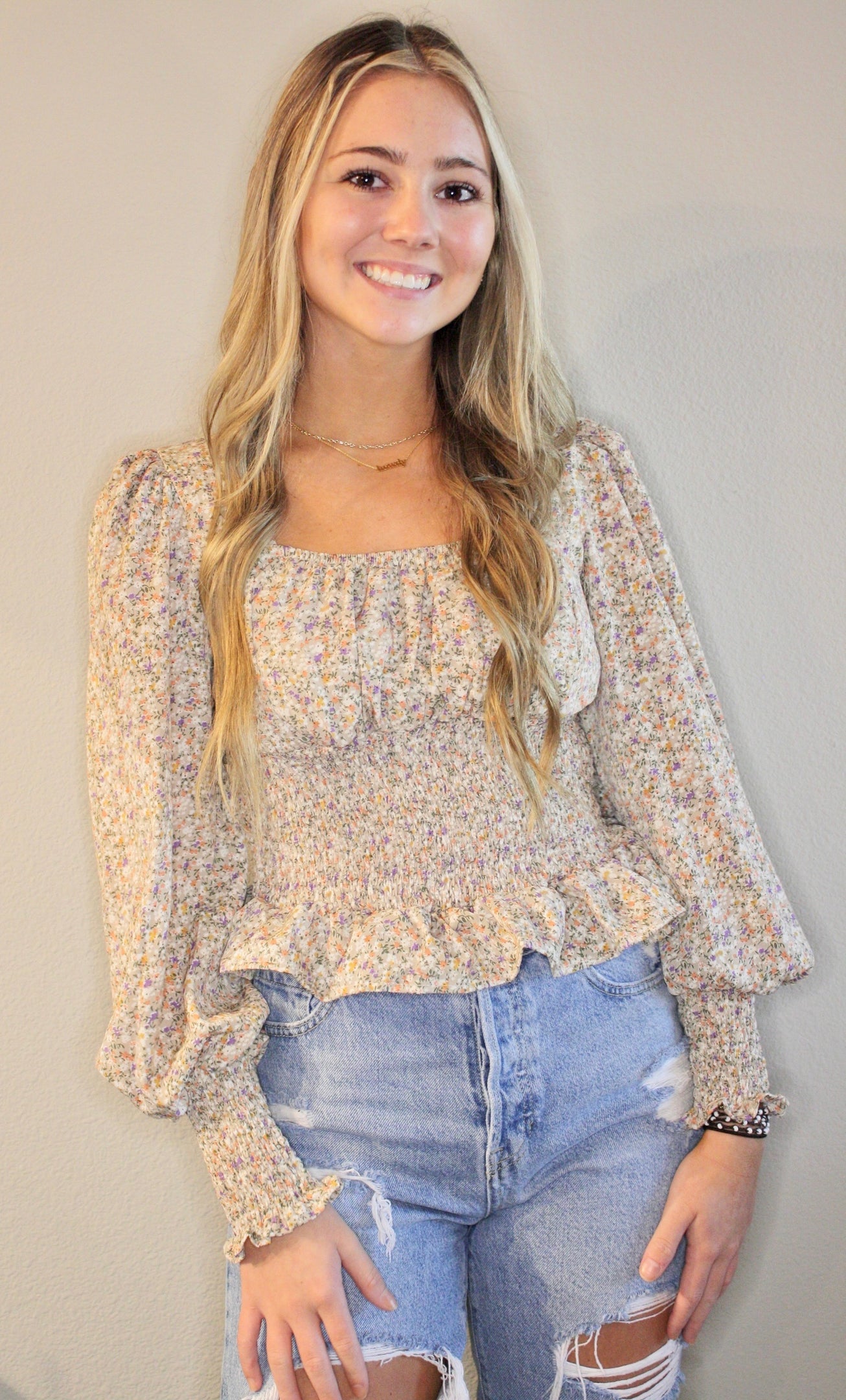 Woven Print Smocked Long Sleeve Blouse