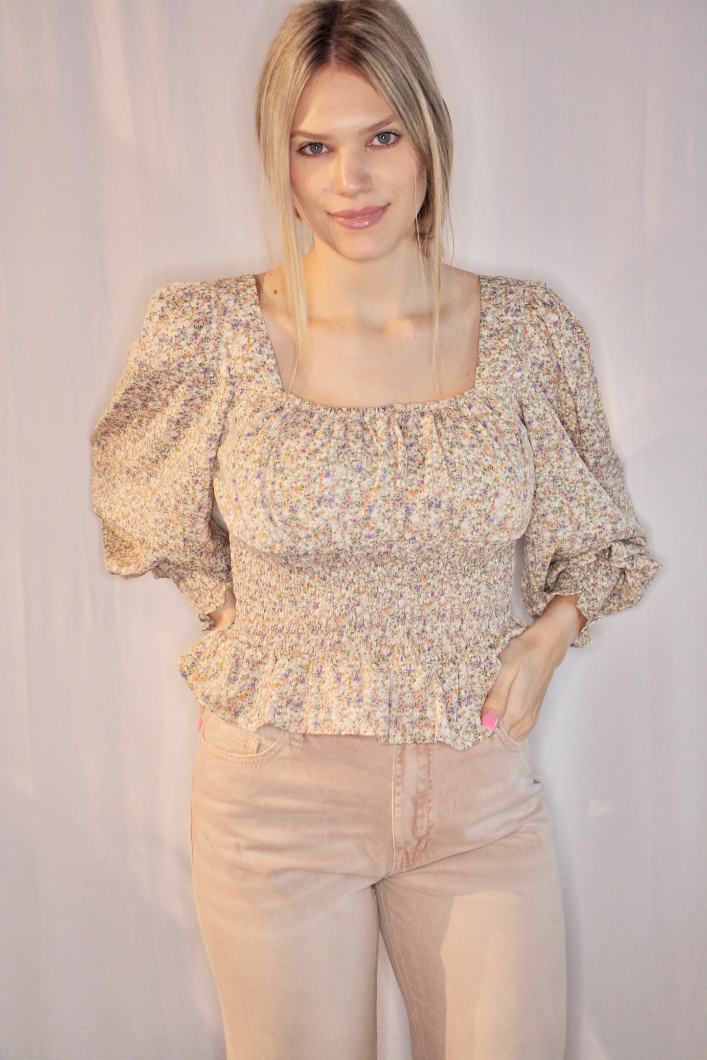 Woven Print Smocked Long Sleeve Blouse